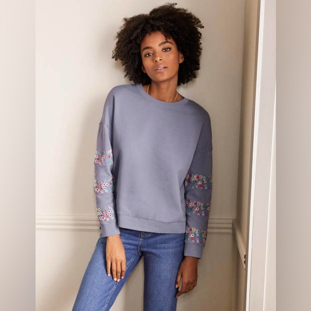 Like-New Boden Jasmine Floral Embroidered
Sleeve Sweatshirt in River